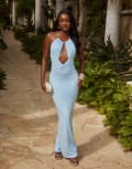 [South Beach] South Beach cut out front halter maxi lace beach dress in blue 16 Blue