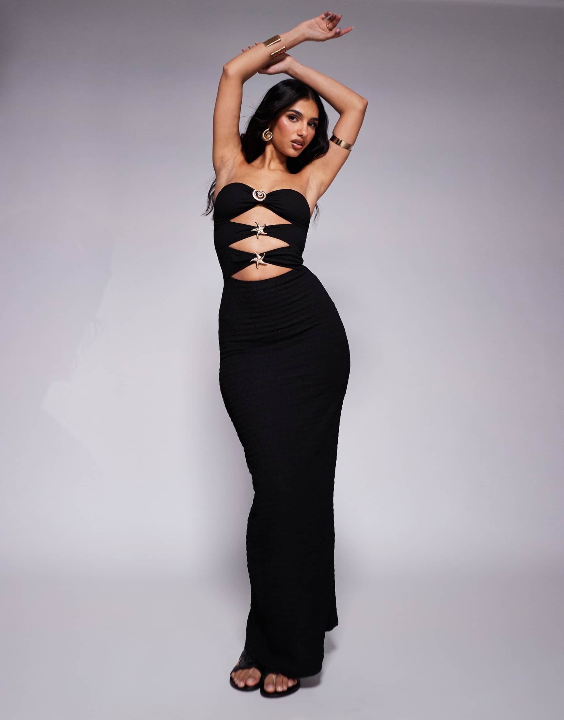 south beach cut out gold shell strapless maxi beach dress in black
