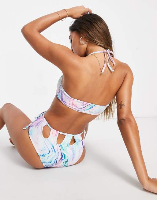 South Beach cut out high waist bikini in pastel marble print, 2 of 4