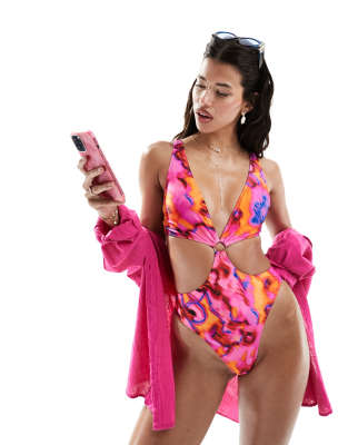 South Beach Cut Out Marble Print Swimsuit In Bright Pink Abstract Print