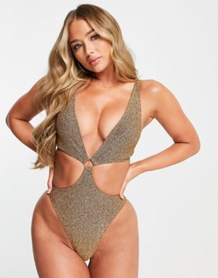 South Beach cut out swimsuit with ring detail in gold metallic