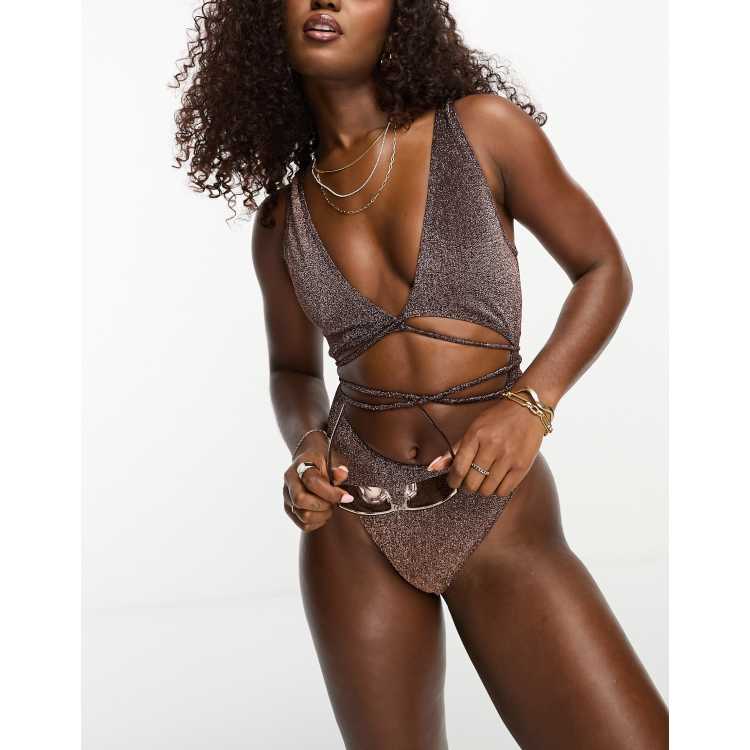 South Beach cut out wrap around swimsuit in dark brown metallic