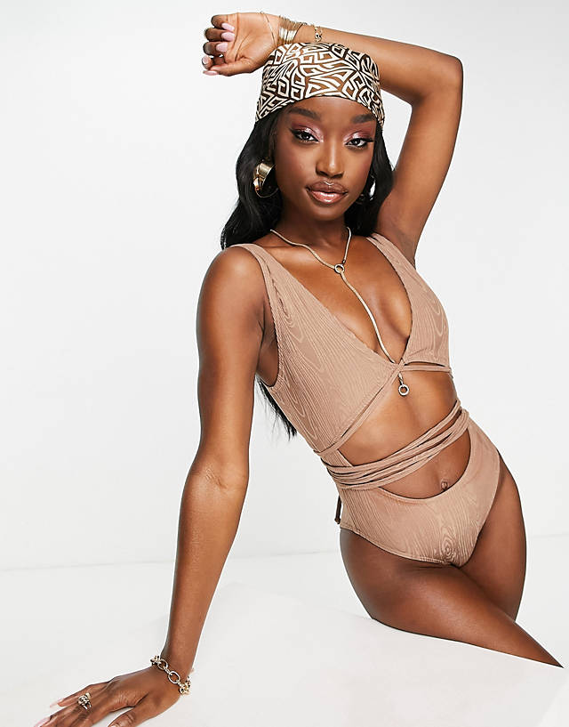 South Beach - cut out wrap around swimsuit in textured rib in sand