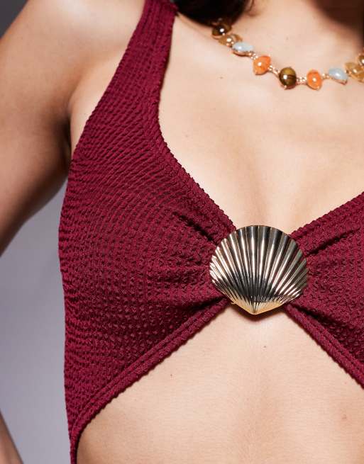South Beach cutout crinkle swimsuit with shell hardware in burgundy, 3 of 4