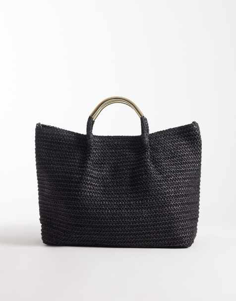 South Beach – Czarna, słomkowa torba typu tote ze złotą rączką i odpinanym paskiem crossbody - view 1