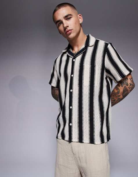South Beach short sleeve crochet beach shirt in black and white stripe