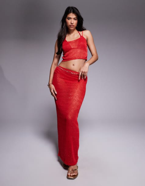 South Beach knitted sequin maxi skirt in red