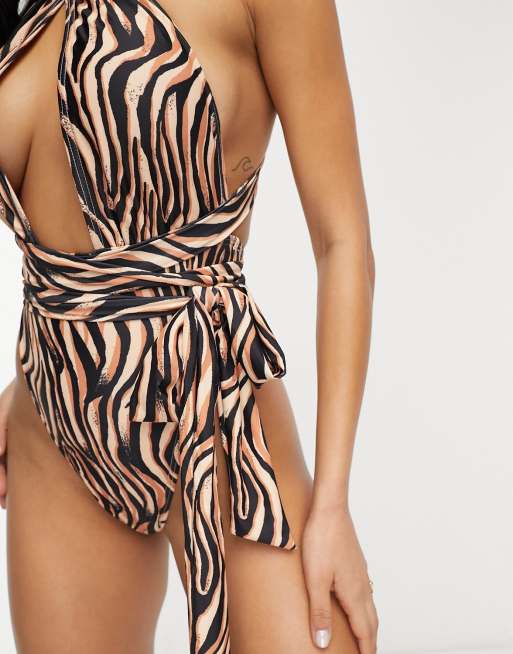 South Beach deep plunge halterneck wrap swimsuit in animal print, 3 of 4