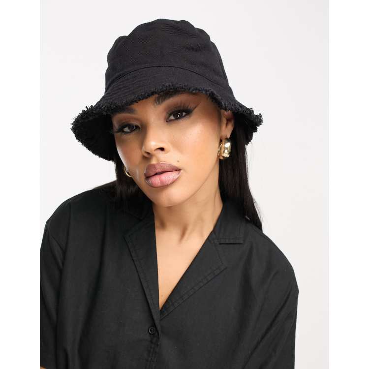 Women's Retro Washed Denim Bucket Hat With Frayed Brim, Summer Sun