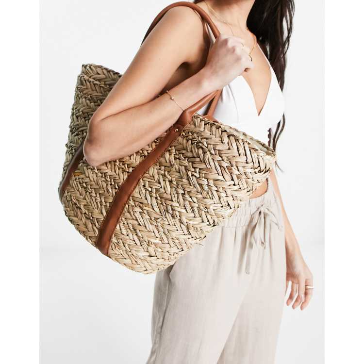 South Beach double band straw tote beach bag in beige and brown