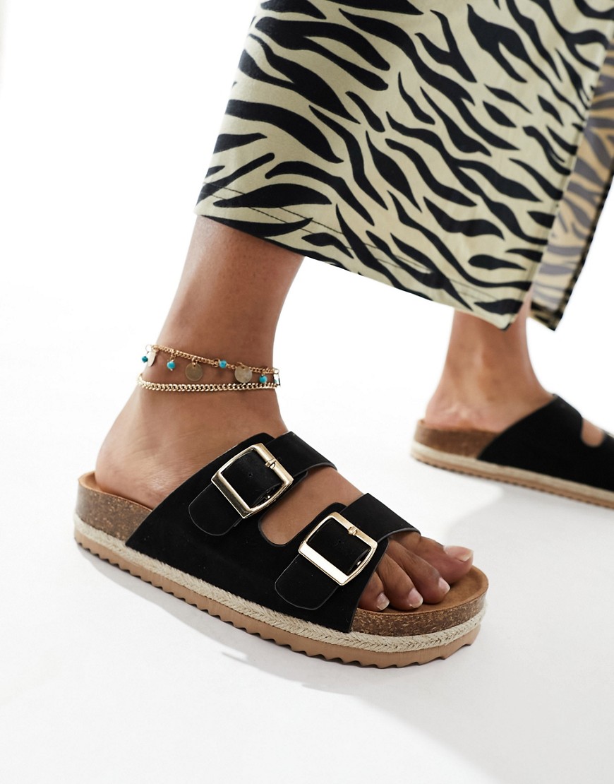 South Beach double buckle espadrille sandals in black textile