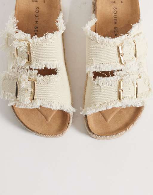 South Beach double buckle espadrille sandals in frayed cream denim, 2 of 4