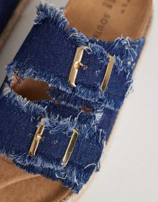 South Beach double-buckle espadrille sandals in frayed dark blue denim, 2 of 4