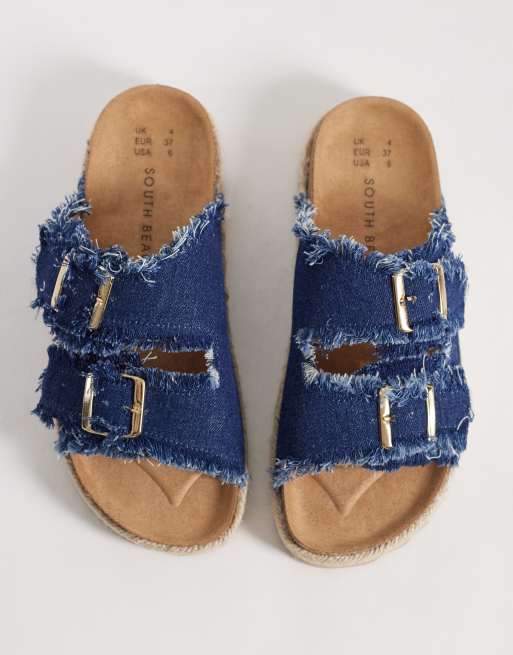 South Beach double-buckle espadrille sandals in frayed dark blue denim, 4 of 4