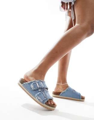 double buckle espadrille sandals in frayed denim-Blue