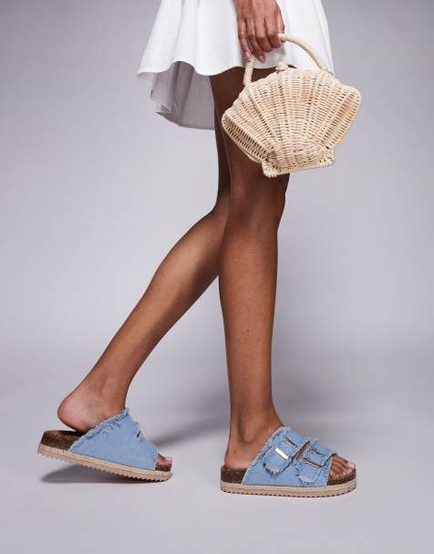 South Beach double buckle espadrille sandals in frayed denim - view 1