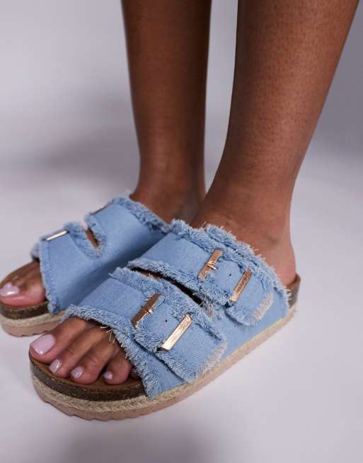 South Beach double buckle espadrille sandals in frayed denim, 3 of 4