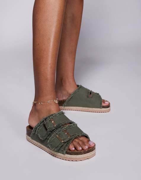 South Beach double buckle espadrille sandals in frayed  sage denim - view 1