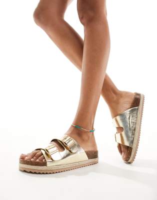 South Beach Double Buckle Espadrille Sandals In Gold