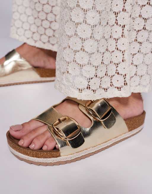 South Beach double buckle espadrille sandals in gold