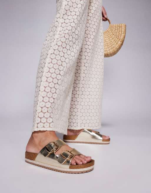 South Beach double buckle espadrille sandals in gold