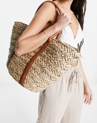 South Beach double hand straw tote beach bag in beige and brown