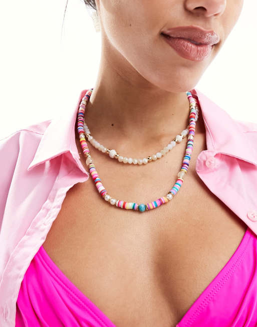 South Beach double layer beaded festival necklace in pink 