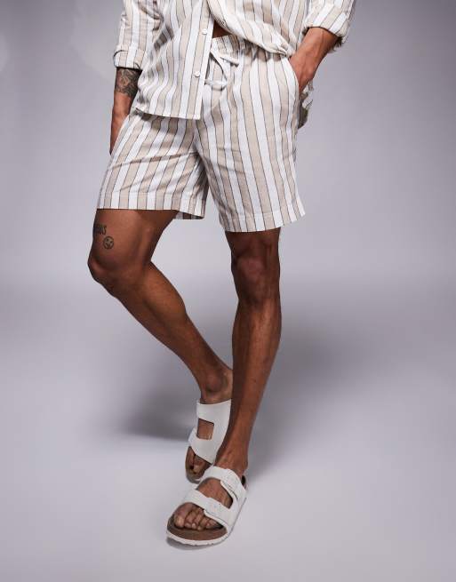 South Beach drawstring beach shorts in beige and white stripe, 2 of 5