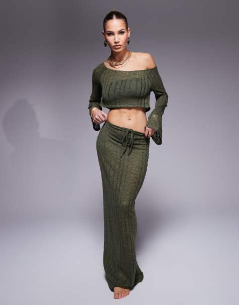 South Beach maxi knit beach skirt co-ord in khaki