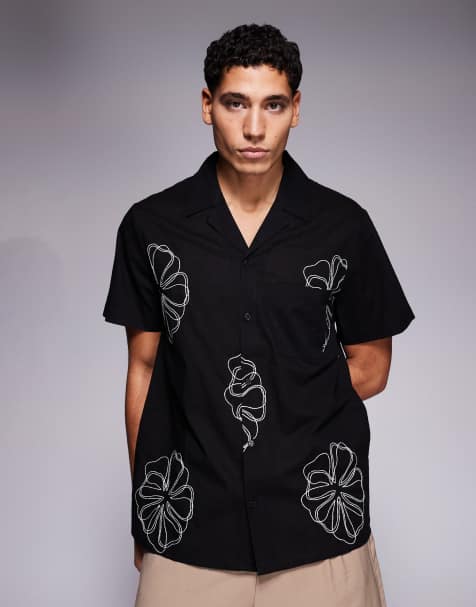 South Beach embroidered camp collar shirt in black - view 1