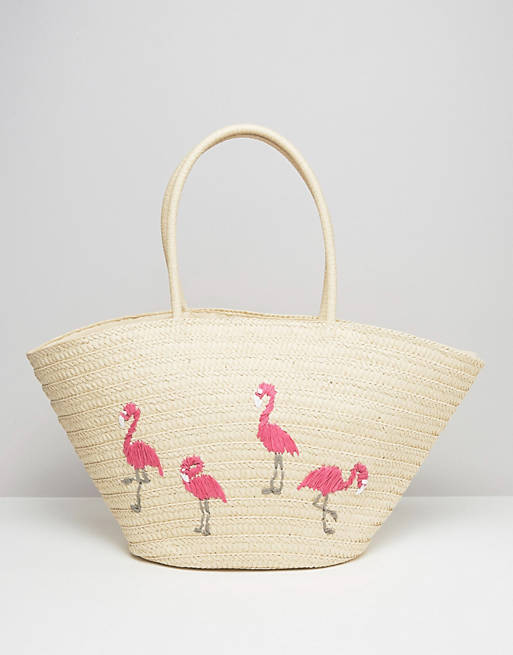South Beach Embroidered Flamingo Straw Beach Bag