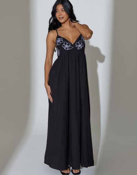 South Beach Embroidered flower tie shoulder maxi dress in black - view 1