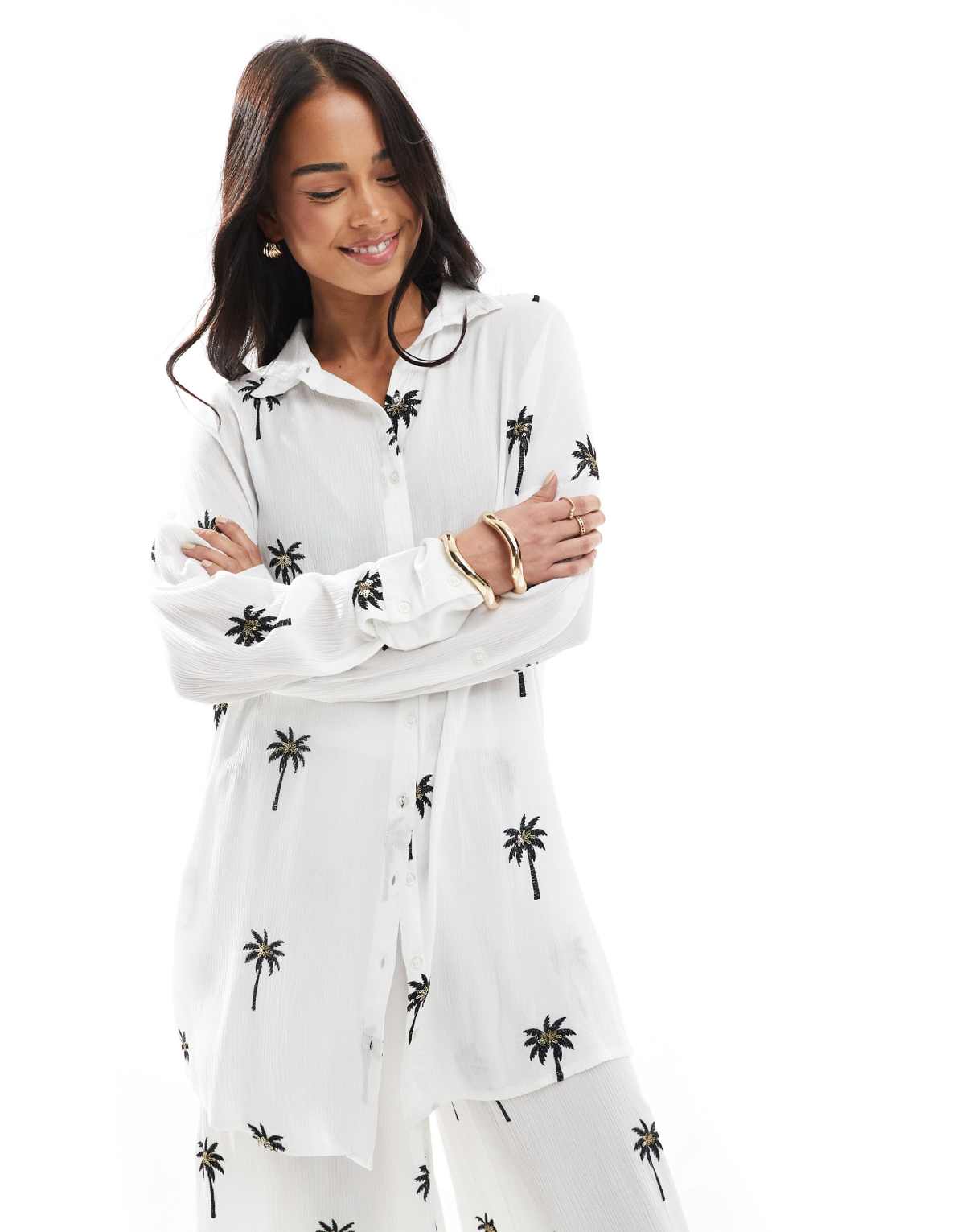 South Beach Embroidered long sleeve shirt in white