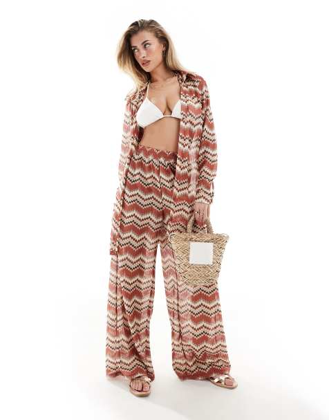 South Beach embroidered loose beach trouser co-ord in rust - view 1