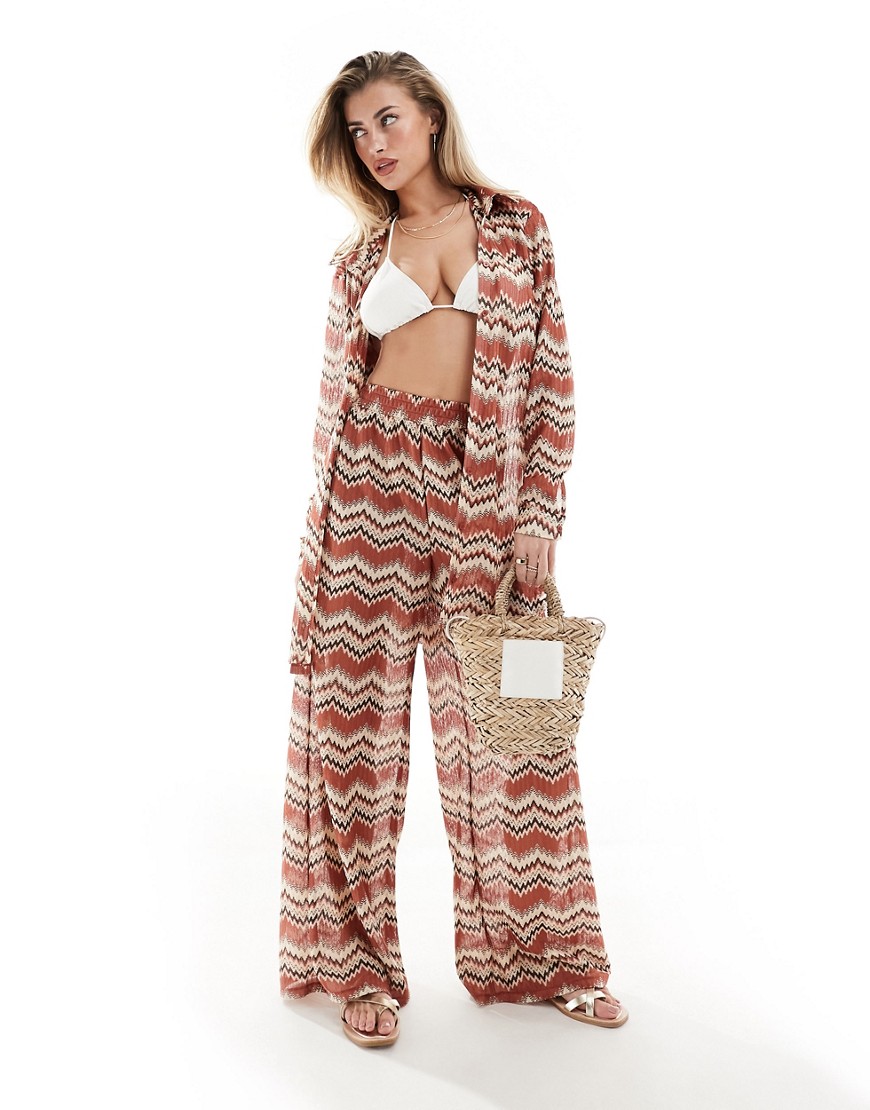 South Beach embroidered loose beach trouser co-ord in rust-Orange