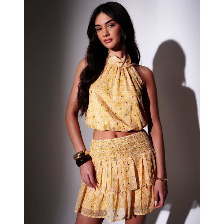 South Beach Embroidered mirror detail frill mini skirt in yellow
