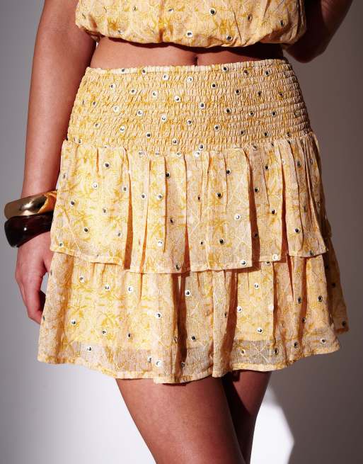 South Beach Embroidered mirror detail frill mini skirt in yellow