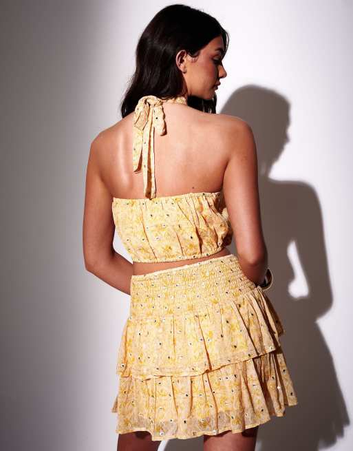 South Beach Embroidered mirror detail halternecktop in yellow, 2 of 4