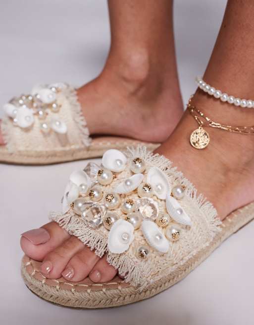 South Beach Espadrille embellished Pearl Shell Sandal in natural