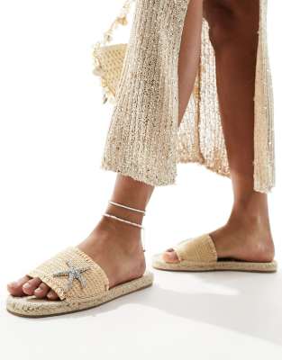 South Beach - Espadrille-Mule-Sandalen in Creme aus Bast mit Seestern-Verzierung-Weiß