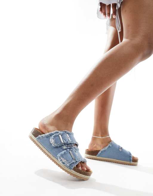 South Beach – Espadrille-Sandalen aus ausgefranstem Denim mit zwei Schnallen