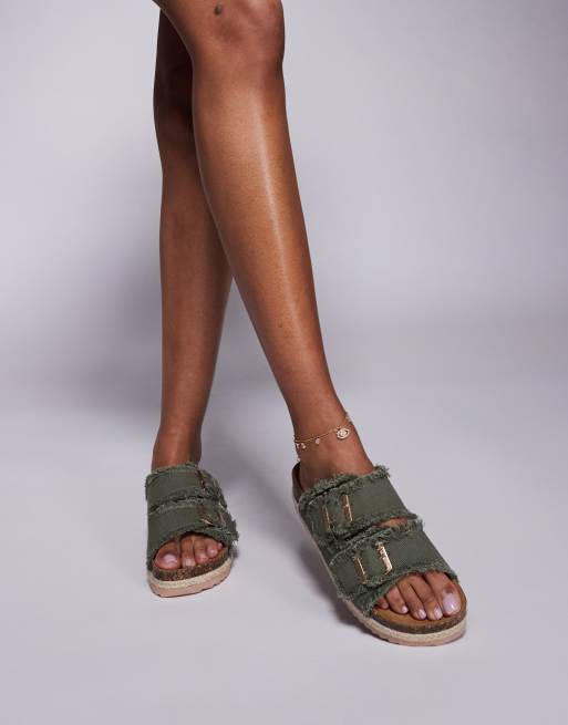 South Beach - Espadrille-sandalen met dubbele gesp en gerafeld denim in groen, 4 van 4