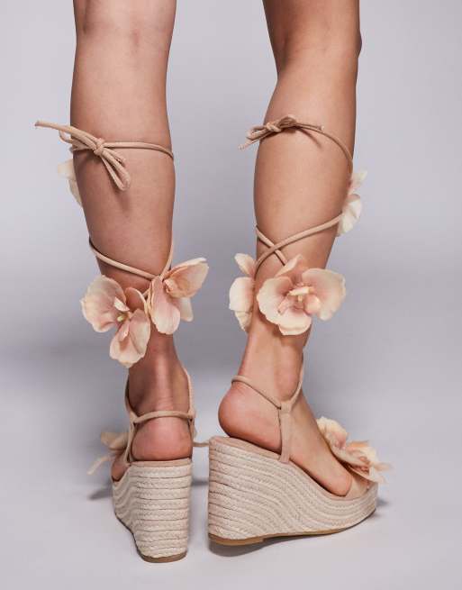 South Beach Espadrille Wrap Around Wedges with Orchids in Gold