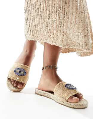 South Beach - Espadrilles-Mules mit „Evil Eye"-Verzierung aus natürlichem Bast-Neutral