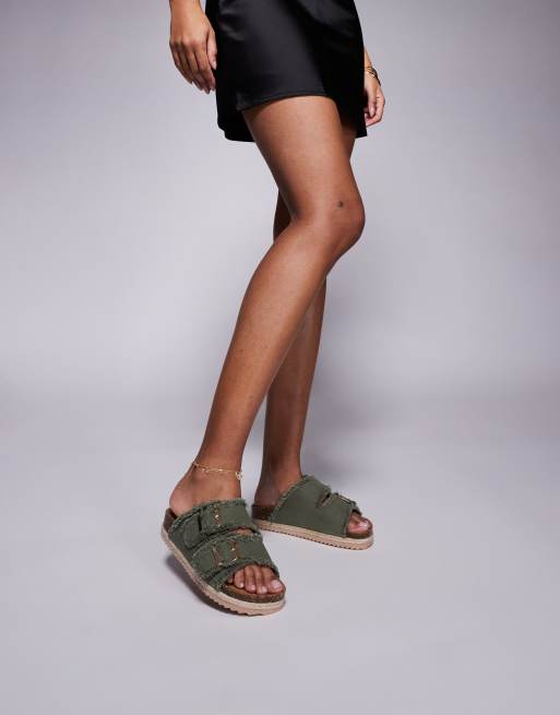 South Beach – Espadrilles-Sandalen aus ausgefranstem Denim in Salbeigrün mit zwei Schnallen, 3 von 4