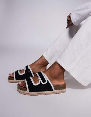 South Beach - Espadrilles-Sandalen in Schwarz mit gehäkeltem Obermaterial und zwei Riemen