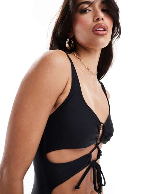 South Beach essentials cut out front tie swimsuit in black, 4 of 4