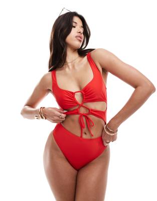 South Beach essentials cut out front tie swimsuit in red