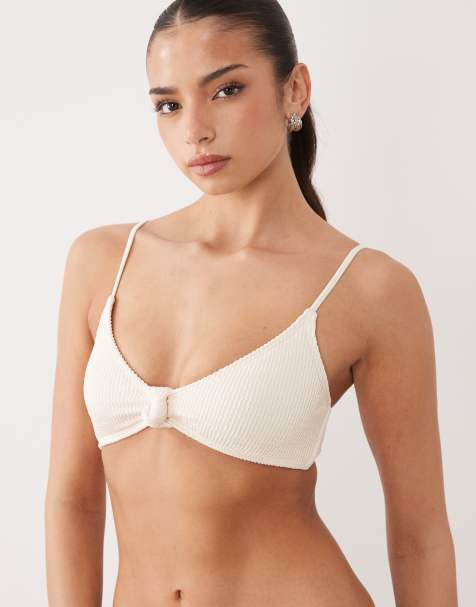 South Beach – Essentials – Kokosvit, krinklad bikiniöverdel med knut framtill - view 1