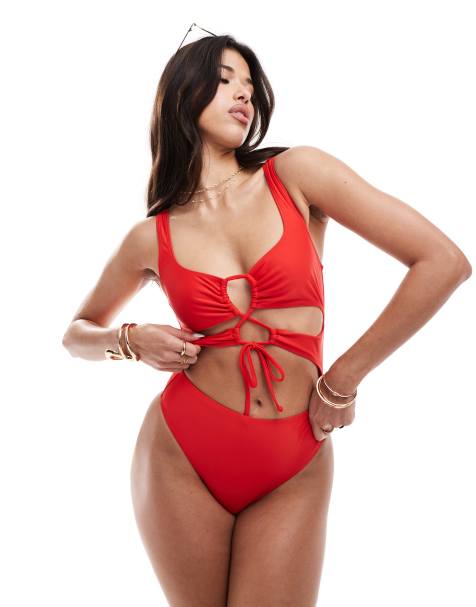 South Beach - Essentials - Maillot 1 pièce avec découpes et lien noué à l'avant - Rouge - view 1